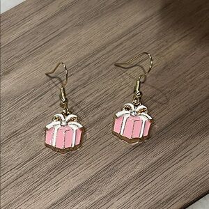 Pink Gift Box Enamel Earrings Golden Stainless Steel